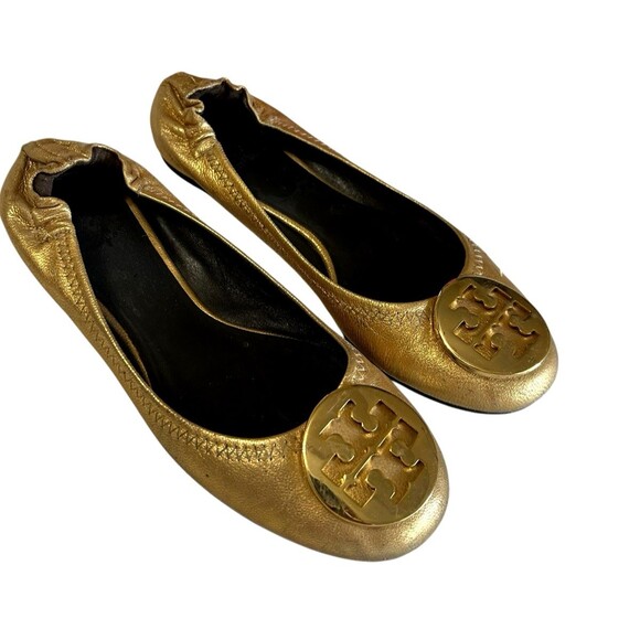 Tory Burch Distressed Leather Reva Gold Ballet Flat Slip On Shoes Womens Sz 6.5 - Picture 5 of 16